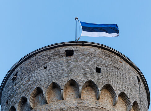 Estonian Flag Flying Above Pikk Hermann Tower in Tallinn