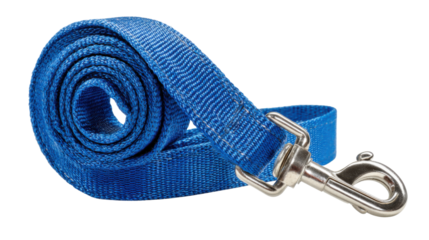 Blue rolled up pet dog leash with metal clasp, nylon lead for training and walking animals