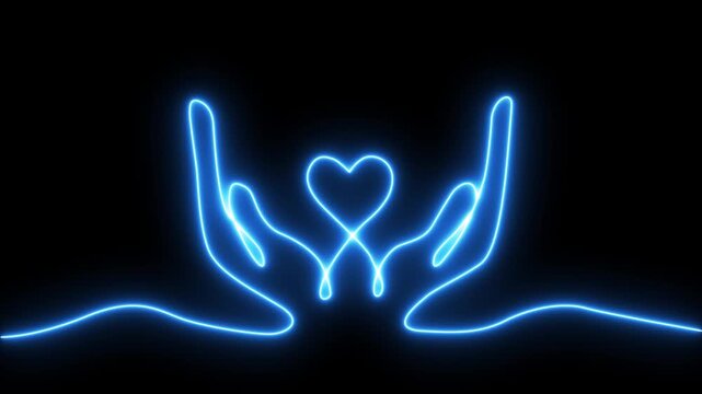 Glowing neon Continuous one line drawing with two hand holding heart shapes concept. charity donation linear symbol. Line drawing of heart Romantic symbol for on background 4k video.....
