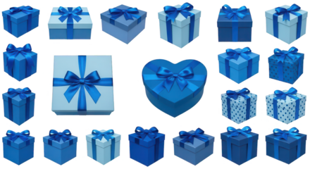 A collection of vibrantly colored, rectangular and square gift boxes, crafted from glossy paper and adorned with large, satin blue ribbons, are neatly arranged, isolated on transparent background.