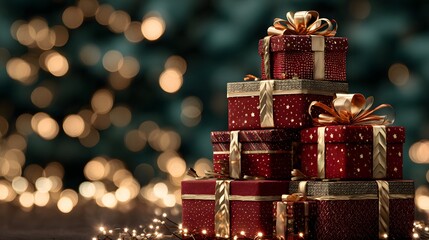 Red and cream Christmas gift boxes with golden ribbons and bokeh lights, festive holiday background