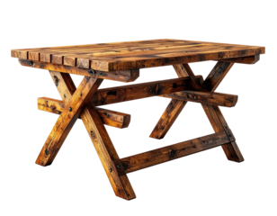 Wooden rustic table with crossed legs, isolated on black
