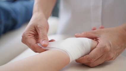 Rehab clinic close-up therapist wrapping bandage on injured wrist, clean medical setting photo