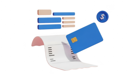 A blue credit card with a receipt and dollar sign on isolated transparent background with various colored bars