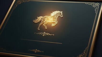 Radiant golden horse illustration, intricately detailed and glowing on an opulent dark background with elegant borders, symbolizing prestige, strength, and luxurious accomplishment