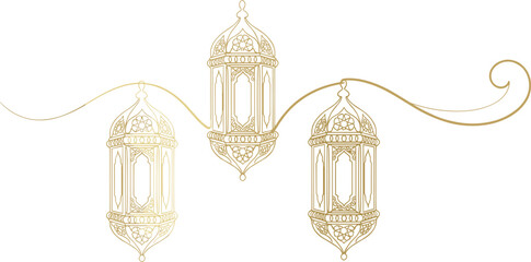 Elegant Ramadan lantern line art illustration, Islamic decorative hanging lamps design, Arabic festival ornament, vector outline, traditional Eid background © Joyaber's World