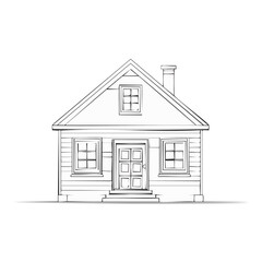 Simple outline drawing of small house with door windows and chimney minimal black lines