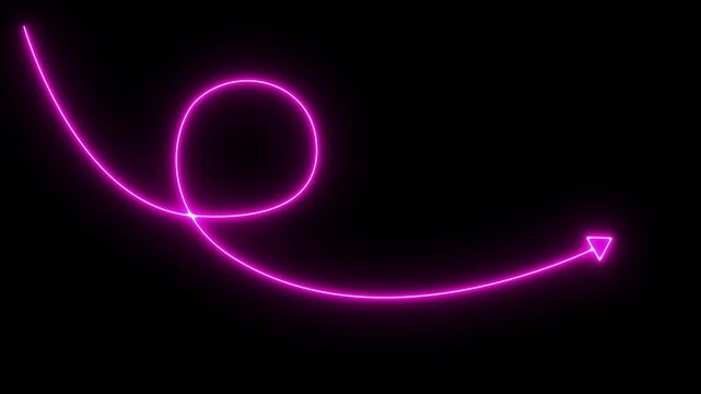 Glowing neon light Long dotted line arrow animation to indicate an object. arrow animation following wavy dotted line. Target arrow icon on black background. 