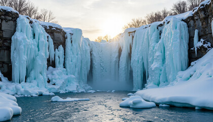 Frozen waterfall cascading into icy river under winter sunset  