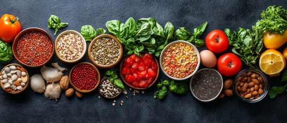 Bright vegetables, grains and nuts in abundance demonstrate healthiness and are suitable as a backdrop for culinary blogs and advertisements promoting healthy eating.