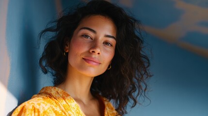 Portrait of a young woman with curly hair. she is leaning against a blue wall with a map of the world in the background. the woman is wearing a yellow blouse with a floral pattern and gold earrings.