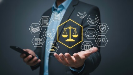 Businessman with a cellphone and a digital law scale icon hovering in front of him