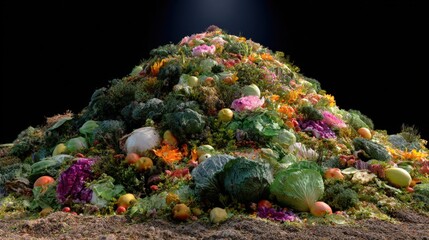 Large pile of various types of vegetables and fruits scattered on top of a hill.