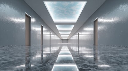 Long, empty hallway with a skylight above it. the hallway has a marble floor and walls on both sides.