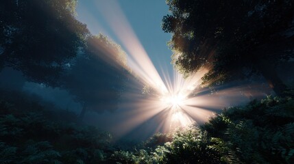 Beautiful landscape of a forest with tall trees and lush greenery. the sky is a deep blue and the sun is shining through the trees, creating a bright light that illuminates the scene.
