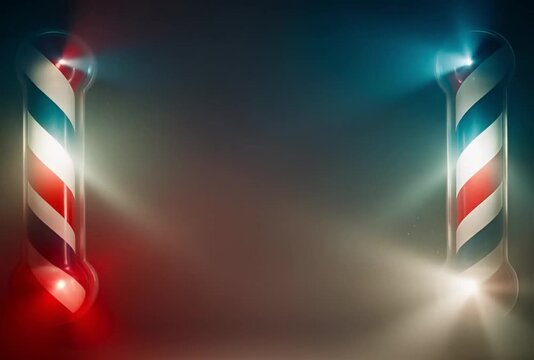 Barbershop poles copy space template featuring two illuminated striped barber poles on a blurred smoky background, ideal for grooming promotions, titles and branding.