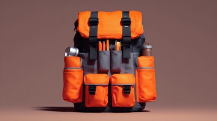 Orange backpack with multiple pockets and straps. the backpack is made of a durable material and has a large main compartment with a zipper closure.