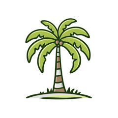 Obraz premium Illustration of a Stylized Palm Tree with Coconuts, Green Leaves and Brown Trunk growing on Sandy Hill