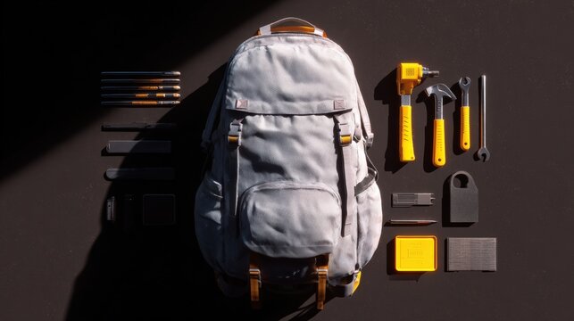 Grey backpack with orange straps and a yellow handle. the backpack is placed on a black surface with various tools scattered around it.