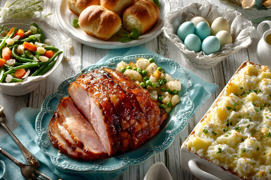 Traditional Easter ham dinner. Top down view table scene on a white wood background. Ham, scalloped potatoes, vegetable side dishes, eggs, breads and lemon cake dessert.