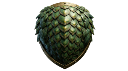 Green scales form a fantasy shield, depicting dragon armor for protection, strength, and mythical concepts on transparency