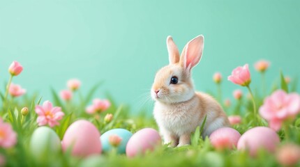Obraz premium Cute Easter bunny sitting in green grass with colorful eggs and flowers. Spring holiday background with copy space