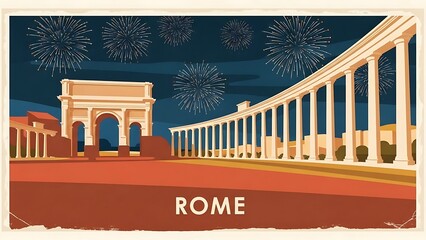 A vintage travel poster illustration of iconic Roman architecture, including an arch and a colonnade, set against a dark night sky illuminated by festive fireworks, with the word ROME below.