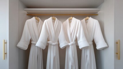 Three white robes hanging on a wooden hanger in a closet. the robes are neatly arranged in a row and appear to be made of a soft, luxurious fabric.