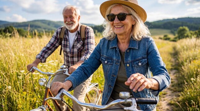 Casal idoso alegre com bicicleta em parque p&uacute;blico, juntos, aproveitando um estilo de vida divertido. Atividades perfeitas para pessoas idosas. Casal maduro feliz andando de bicicleta no parque.