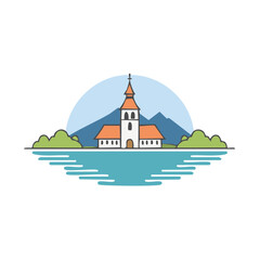 Naklejka premium Serene lake landscape featuring island church spire mountain range skyline clear sky reflected water vector illustration