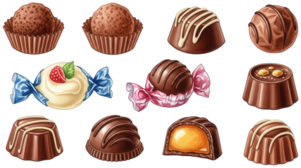 An assortment of intricately detailed, glossy chocolate confections and wrapped candies, featuring various shapes like domes, truffles, and molded forms, adorned, isolated on transparent background.