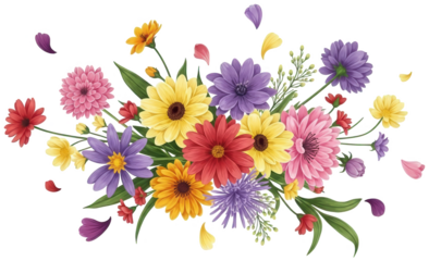 A vibrant and colorful bouquet of daisy-like flowers, featuring shades of purple, yellow, pink, and red with lush green foliage, artfully arranged in a, isolated on transparent background.