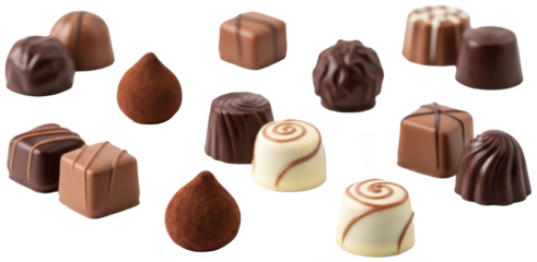 An assortment of exquisitely crafted, glossy milk and dark chocolate bonbons and truffles with varying shapes and decorative swirls, artfully arranged against a, isolated on transparent background.