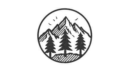 Obraz premium Hand-drawn vintage mountain and pine tree emblem, rustic outdoor adventure badge design illustration