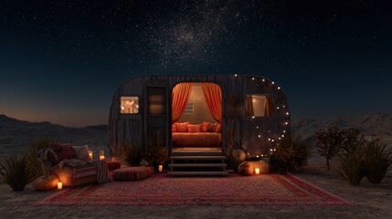 Vintage caravan in the desert at night. the caravan is made of wood and has a curved roof with string lights hanging from it.