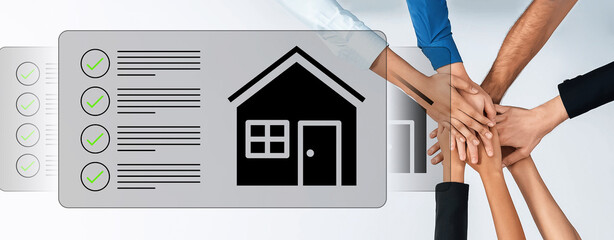 Close-up of diverse hands joining together over a house icon and checklist, reflecting teamwork and...