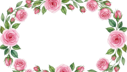 Delicate pink roses with lush green foliage and tightly curled buds form a decorative frame with a slightly irregular shape, presented in a digital illustration, isolated on transparent background.