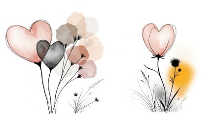 Watercolor style heart shaped flowers bouquet and single bloom
