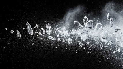 Shattered glass exploding in dramatic motion against black background