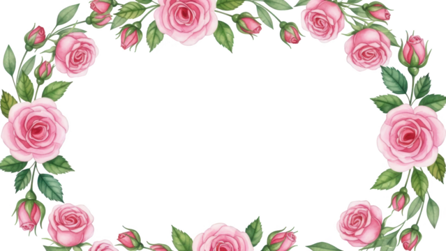 Delicate pink roses with lush green foliage and tightly curled buds form a decorative frame with a slightly irregular shape, presented in a digital illustration, isolated on transparent background. - Powered by Adobe