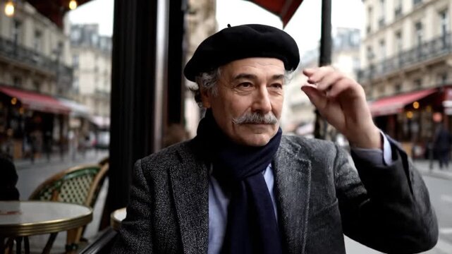 Stylish senior man in beret enjoying a Parisian cafe street scene