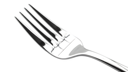 Closeup of a shiny silver metal dinner fork with four tines, isolated on a transparent background