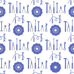 Pattern with blue and gray tools and wheels in repeating design suitable for textile or wallpaper