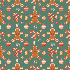 Christmas-themed seamless pattern featuring gingerbread men, candy canes, and ornaments