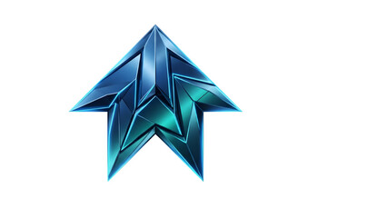 Abstract blue and teal crystalline star shape pointing upwards, glossy 3d icon design isolated on transparent background