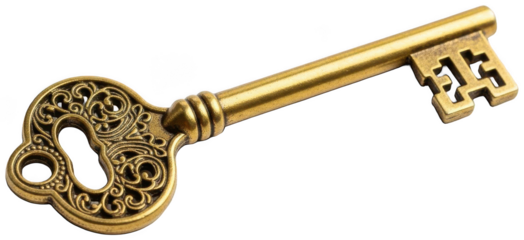 An antique-style, ornate, brass key with intricate floral carvings and a weathered, aged finish, lies horizontally against a , showcasing its detailed design and, isolated on transparent background.