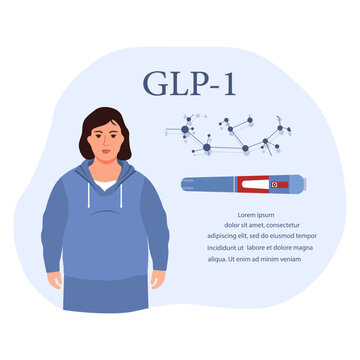 GLP-1 illustration with woman, molecule structure, insulin pen, and placeholder text