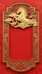 Obraz premium Traditional Chinese New Year golden horse in ornate frame illustration with clouds and floral motifs on red background