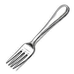 A single metal fork depicted in a detailed hand-drawn sketch style. The illustration is in black ink on a plain white background, emphasizing the tines and handle of the utensil.