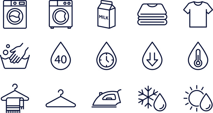 Laundry and textile care line icon set, featuring washing machines, clothing symbols, iron, hangers, water temperature, and fabric maintenance signs.